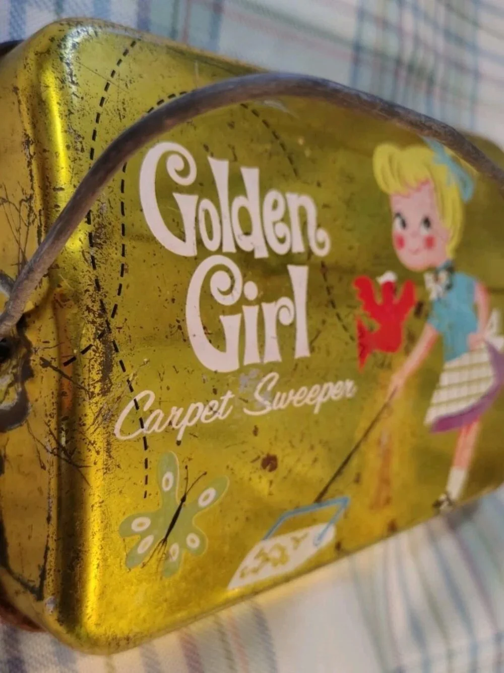 Golden Girl Vintage Tin Carpet Sweeper Toy with Handle and Brush